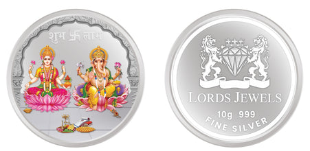 10 Laxmi Ganesh Ji (Coloured) Grams Silver Coin 999 Purity lordsjewels
